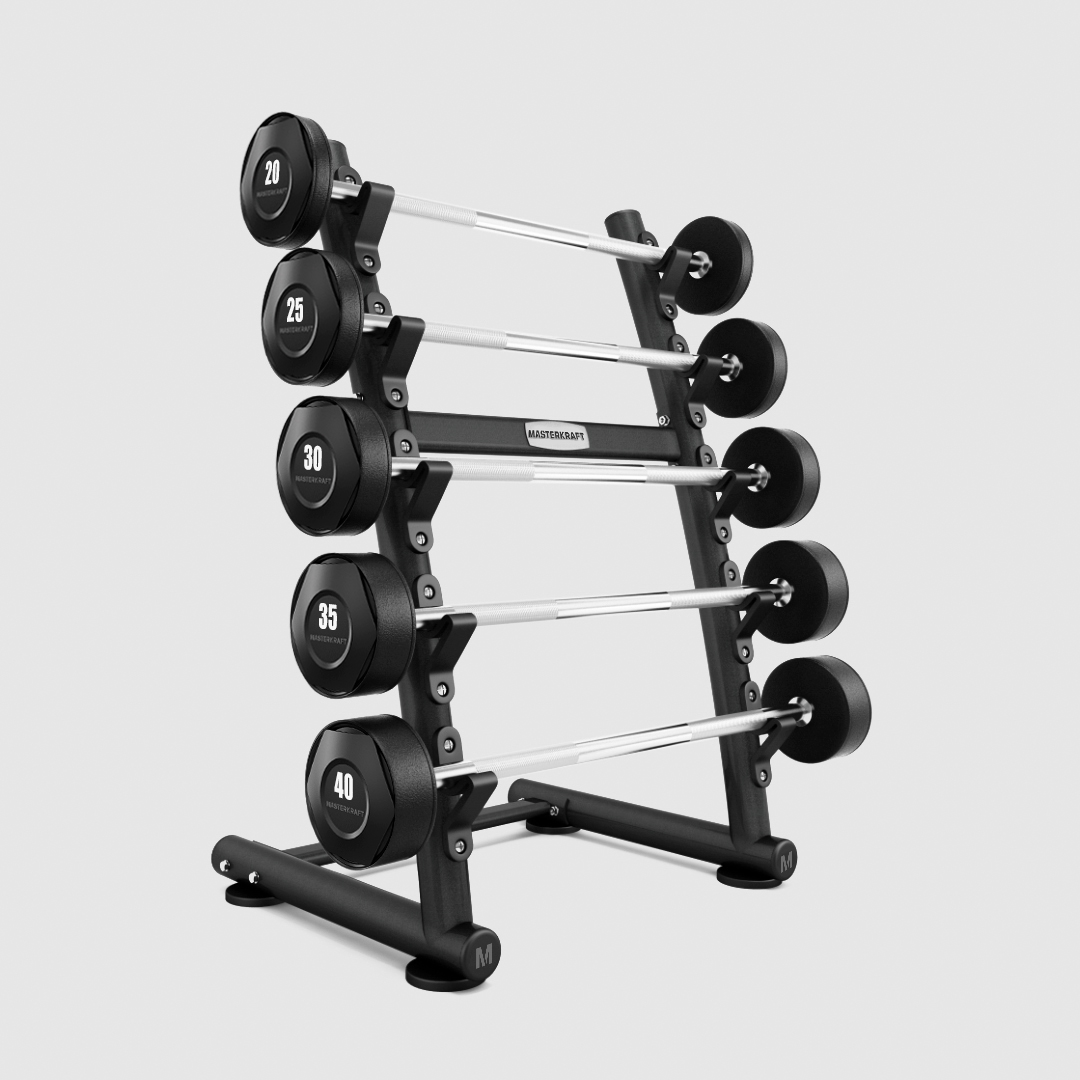 Rubber Fixed Barbells (Set of 5 Bars) & Rack